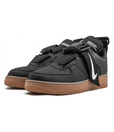 Кроссовки Nike Air Force 1 Utility черные с коричневой подошвой - 321