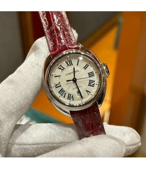 Часы Cartier Pasha с бордовым ремешком